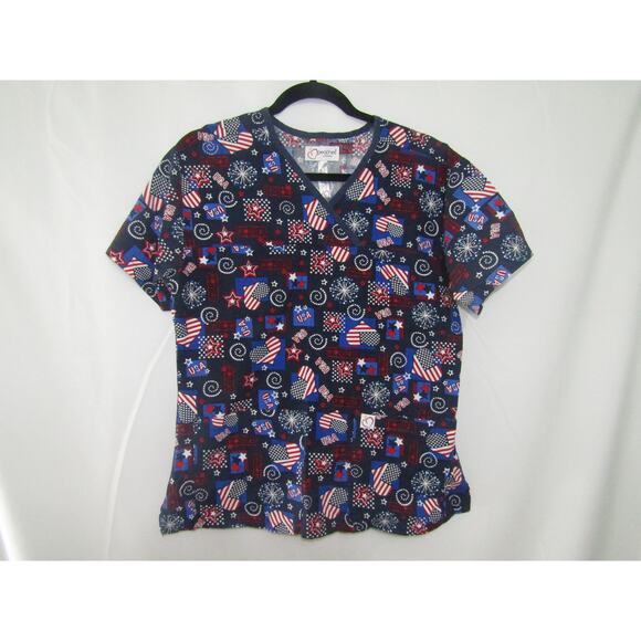Peaches Uniforms Women’s M Scrub Top USA Flag Stars Fireworks Patriotic Cotton - Picture 1 of 6